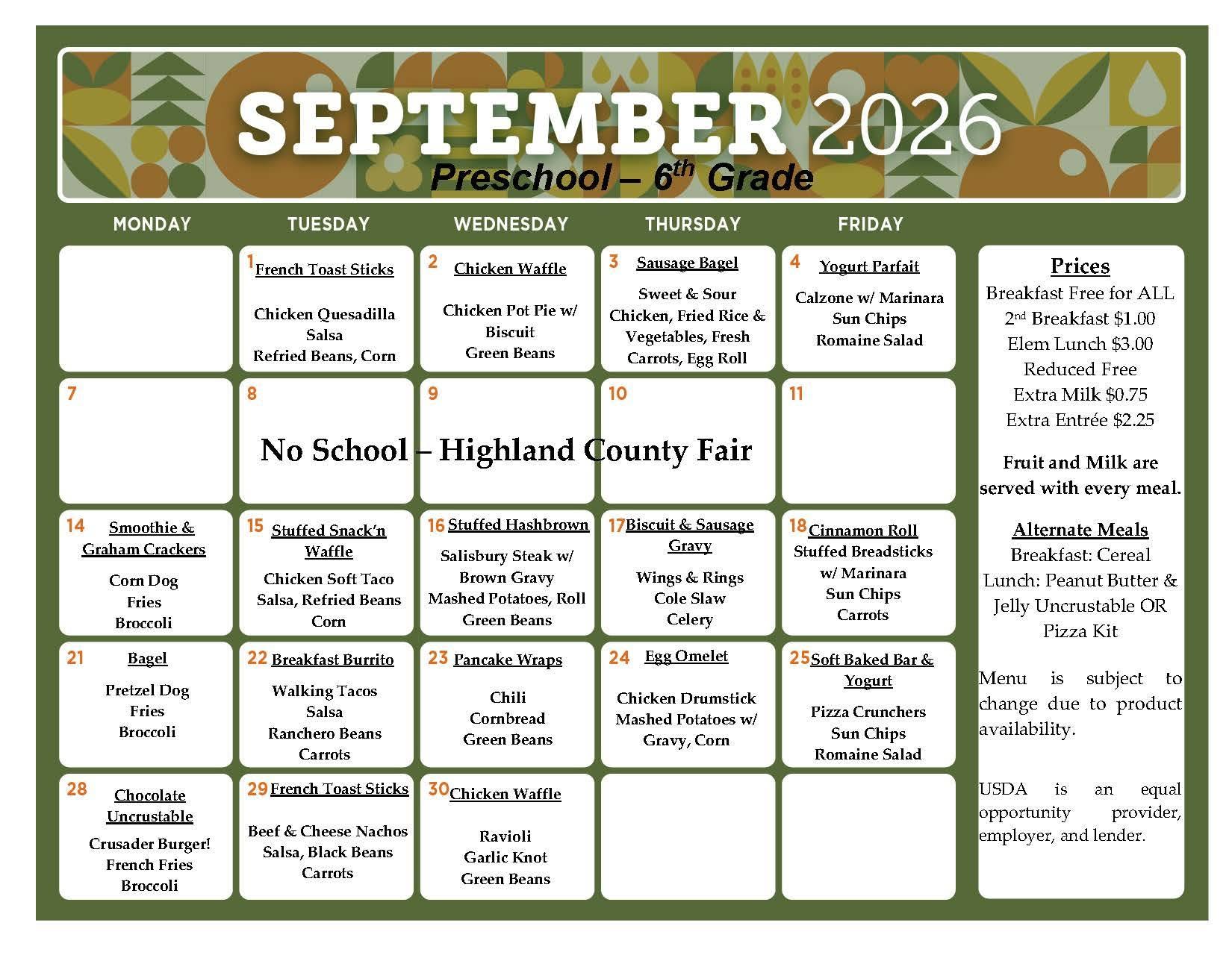 September Lunch Menus