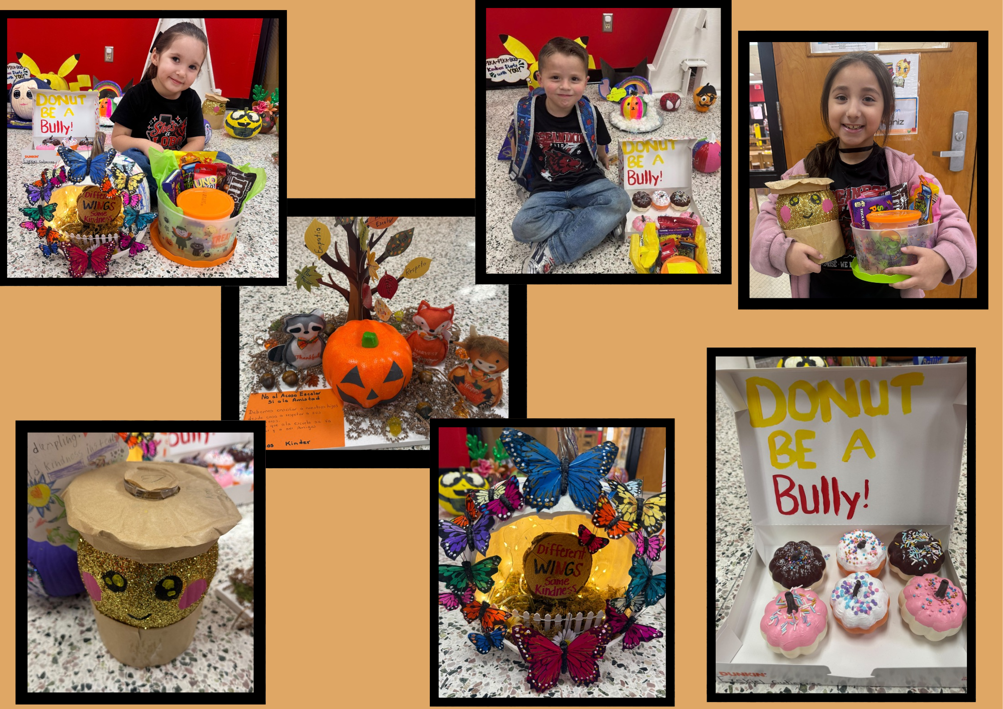 A collage shows children posing with creative school projects, including decorated pumpkins, crafts, and a donut box with the message 'Donut be a bully!'
