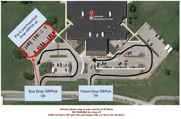 Aerial view of Lakeview Elementary School showing traffic flow for drop-off and pick-up.