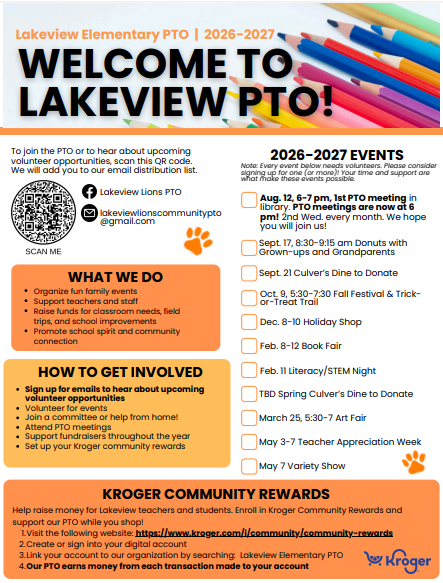 Welcome to Lakeview Elementary PTO for 2026-2027, featuring event listings and ways to get involved.