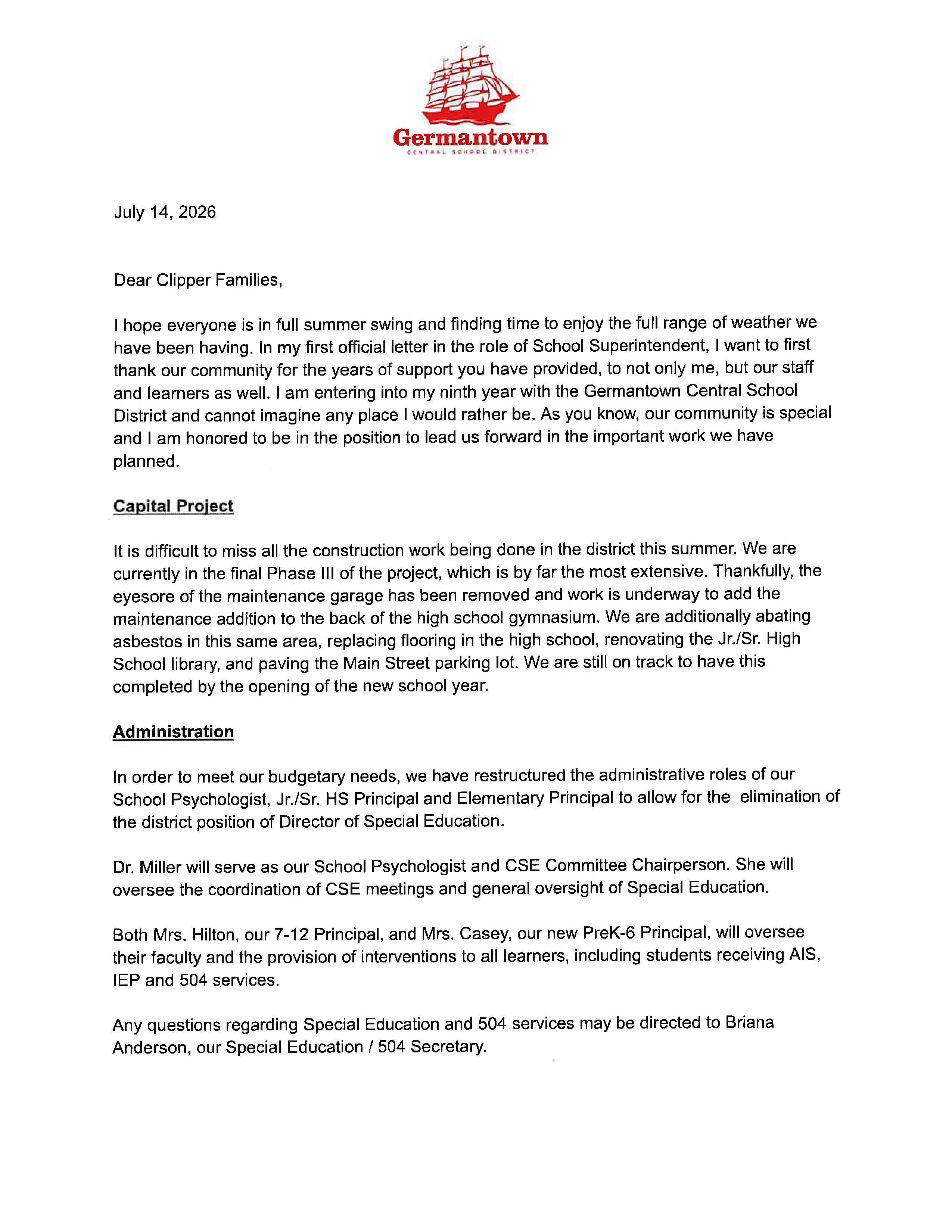 Superintendent Meagher's Community Letter