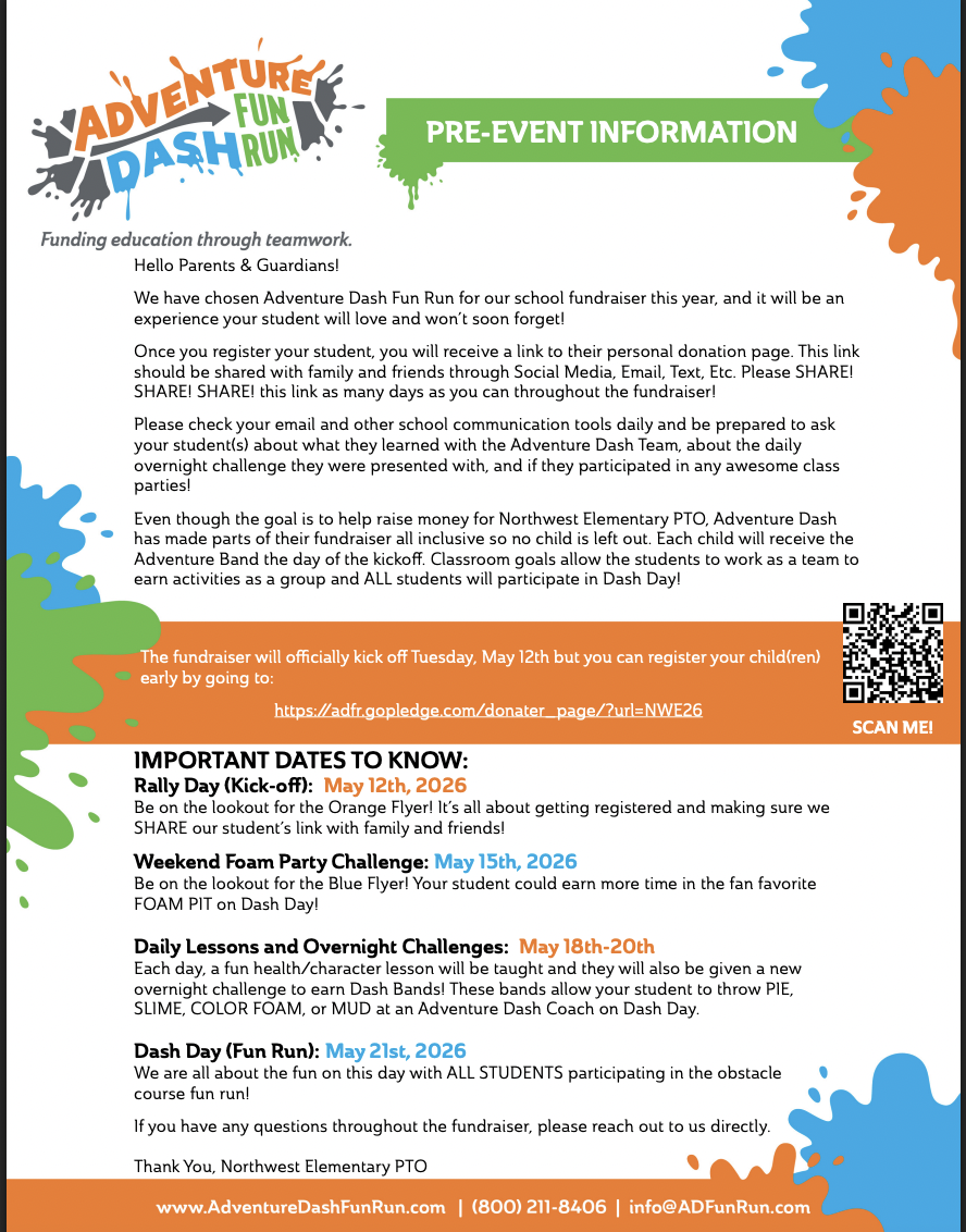 A flyer for the Adventure Dash Fun Run fundraiser with pre-event information and important dates.