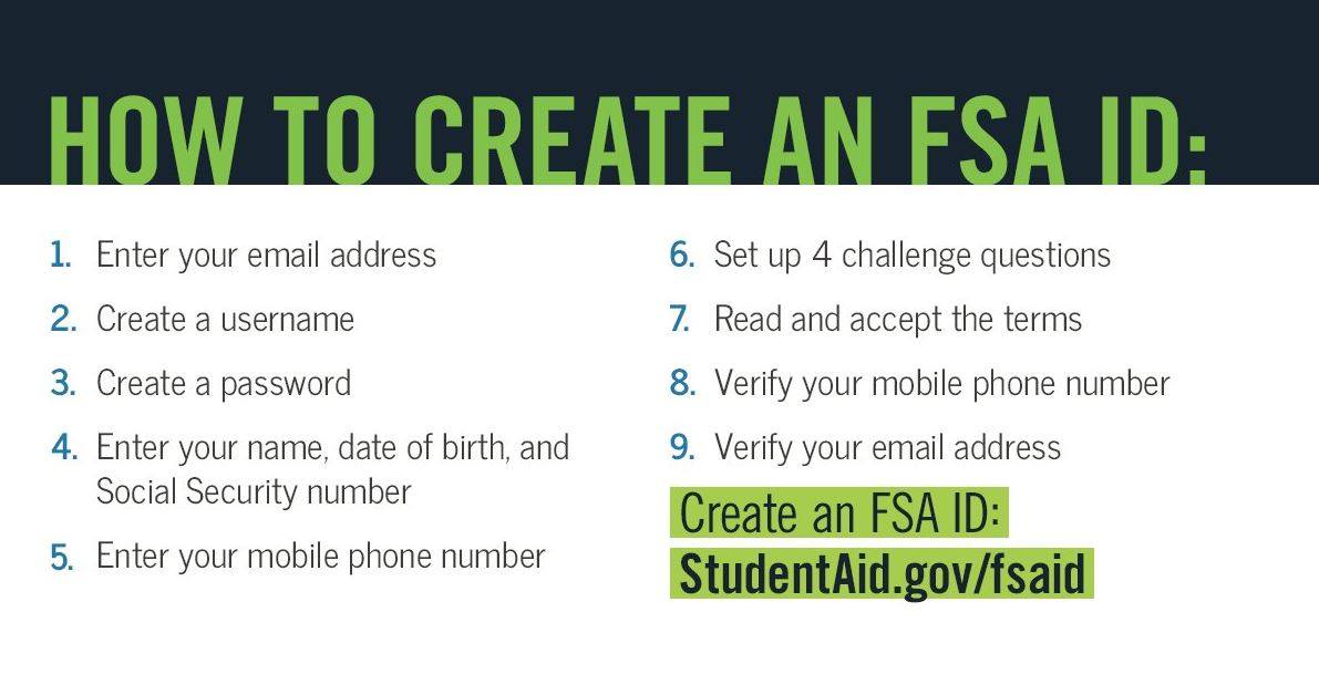 Instructions for creating an FSA ID, including entering personal information and verifying contact details.