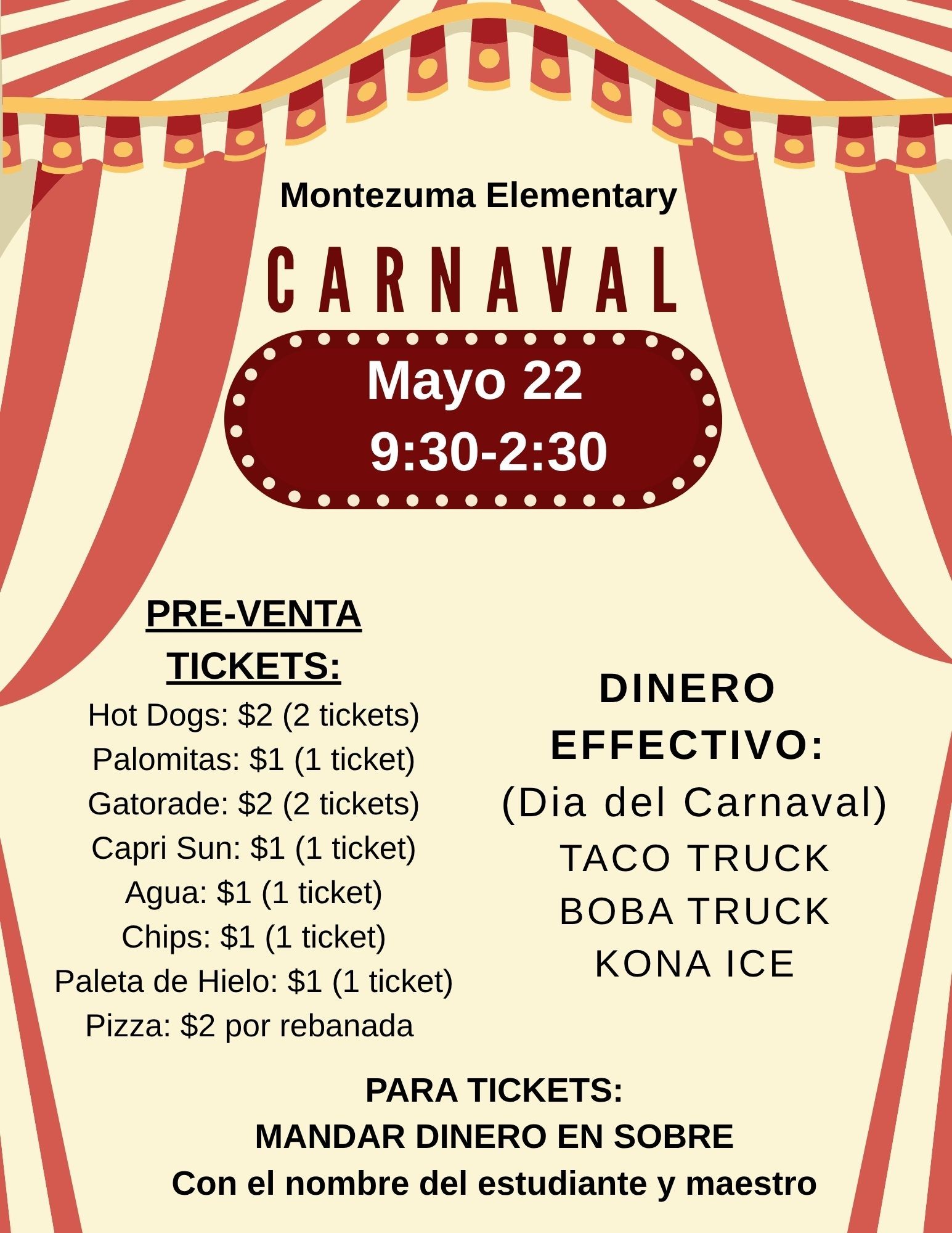 Montezuma Elementary Carnaval event poster with date, time, ticket prices, and food vendors.