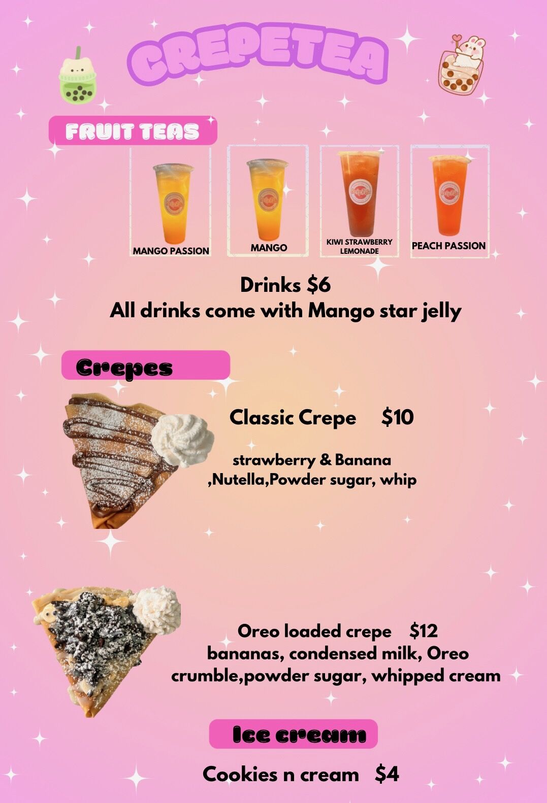A menu for Crepetea featuring fruit teas, crepes, and ice cream.