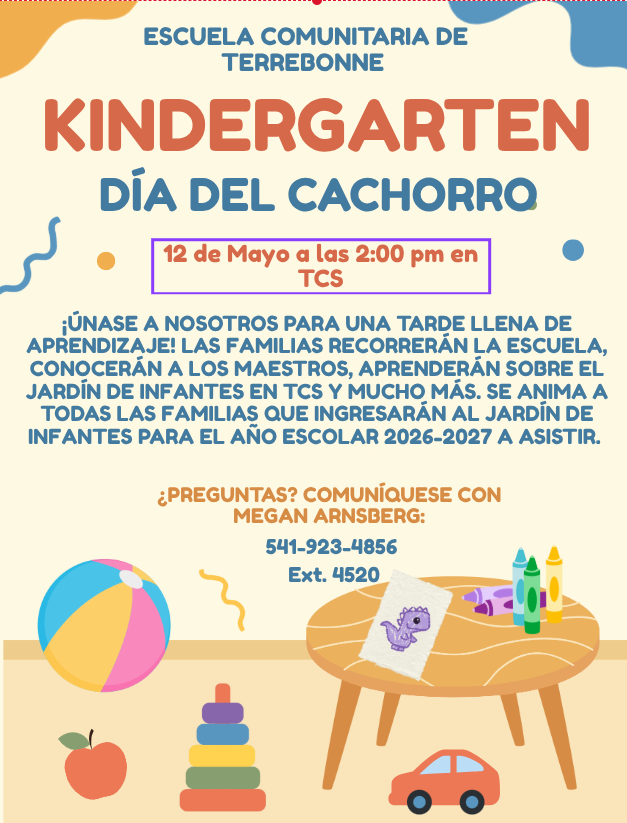 Poster for Terrebonne Community School's Kindergarten "Puppy Day" event on May 12th at 2:00 pm.