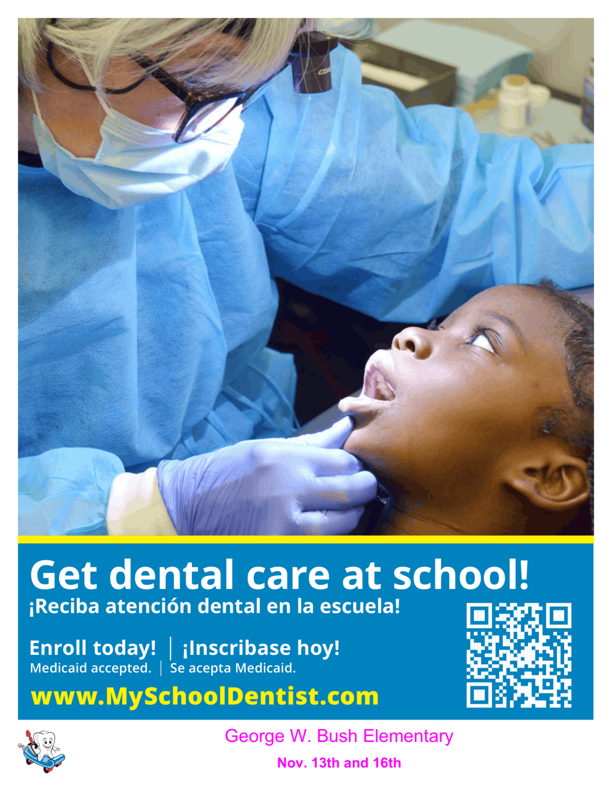 A dentist in blue scrubs and mask examines a child's open mouth.