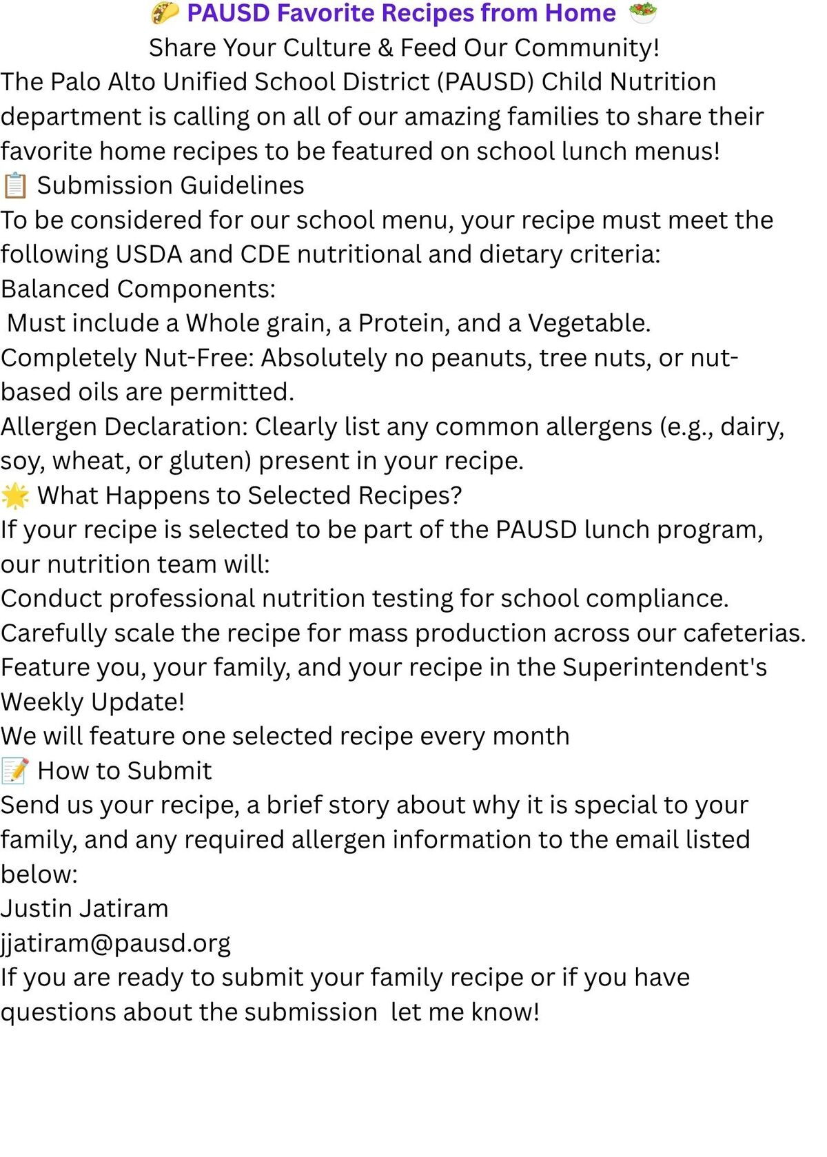 PAUSD invites families to share favorite home recipes for school lunch menus, with submission guidelines provided.