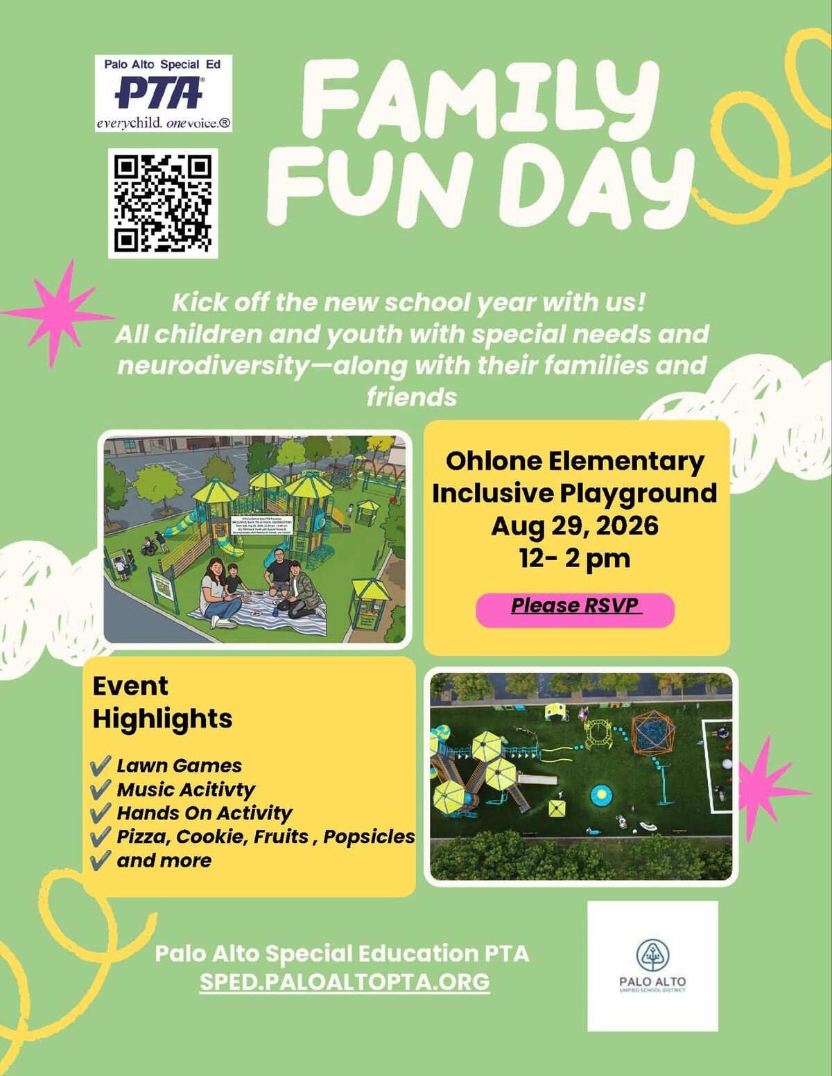 Poster for 'Family Fun Day' event hosted by Palo Alto Special Education PTA, featuring an inclusive playground.