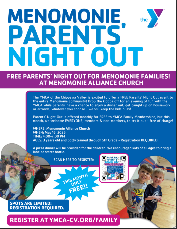 Poster announcing a free Parents' Night Out event for Menomonie families at Menomonie Alliance Church.