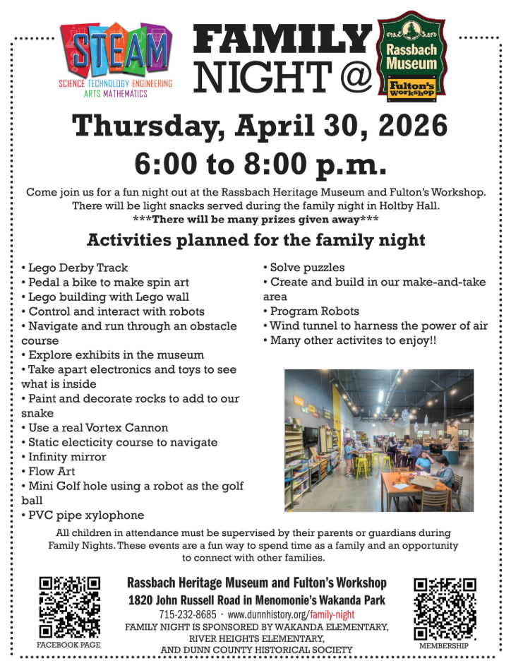 Poster for 'Family Night @ Rassbach Museum and Fulton's Workshop' on Thursday, April 30, 2026, from 6:00 to 8:00 p.m.