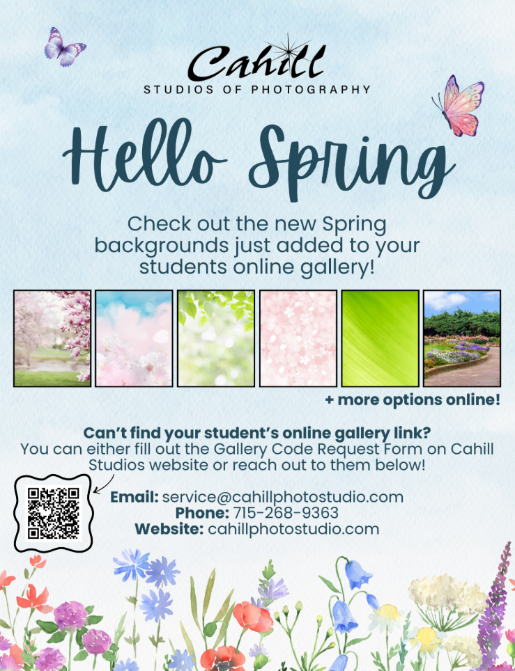 Cahill Studios of Photography announces 'Hello Spring' with new student gallery backgrounds.