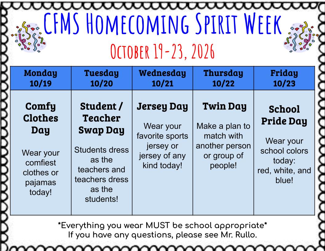 Homecoming Spirit Week, Oct. 19 - 23