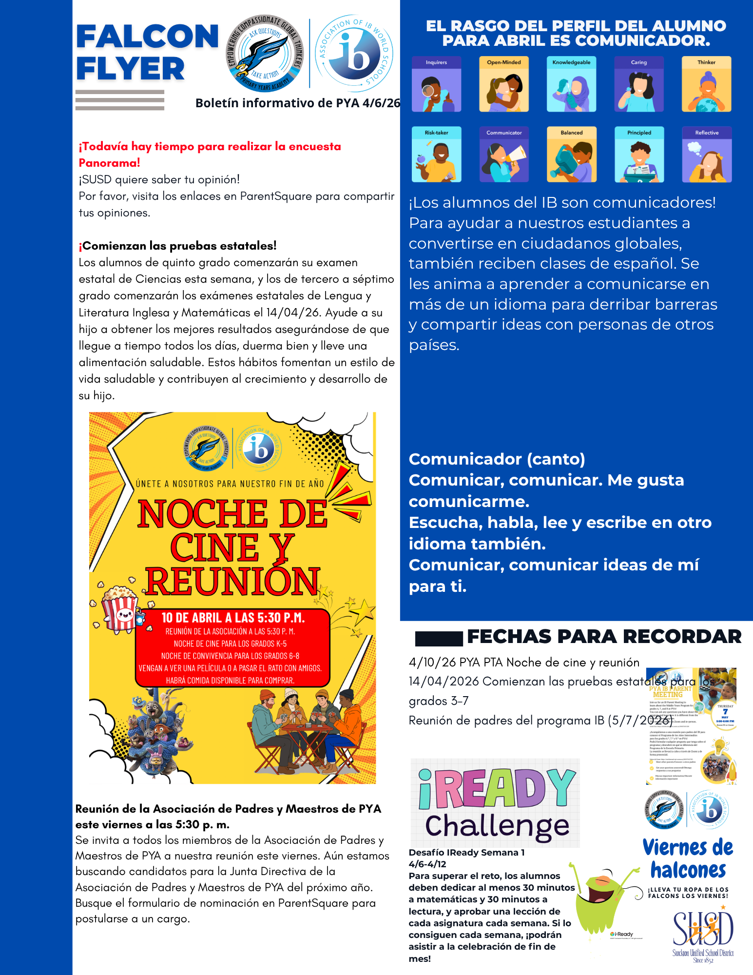 A flyer for Falcon Flyer, a newsletter from PYA, announcing upcoming events and important dates.