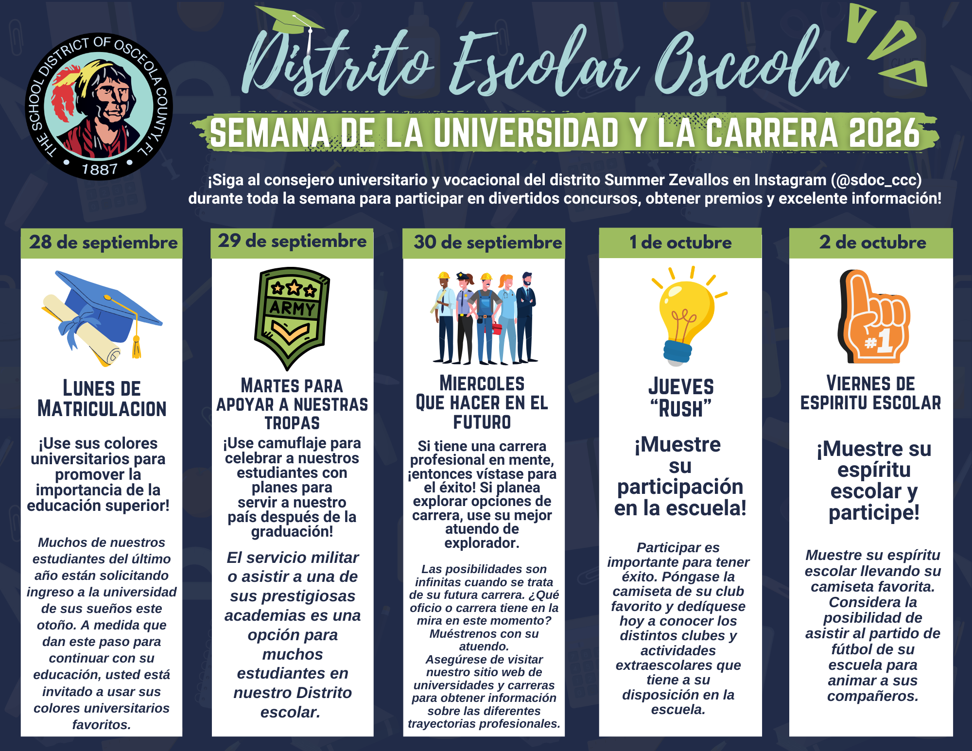 A colorful flyer in Spanish detailing the School District of Osceola College and Career Week 2026, featuring daily themes from September 28 to October 2.