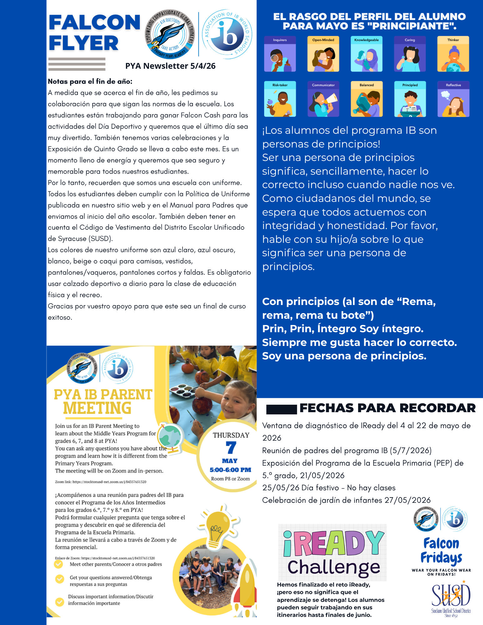 A flyer for Falcon Flyer PYA Newsletter dated 5/4/26, featuring school announcements and IB program information.