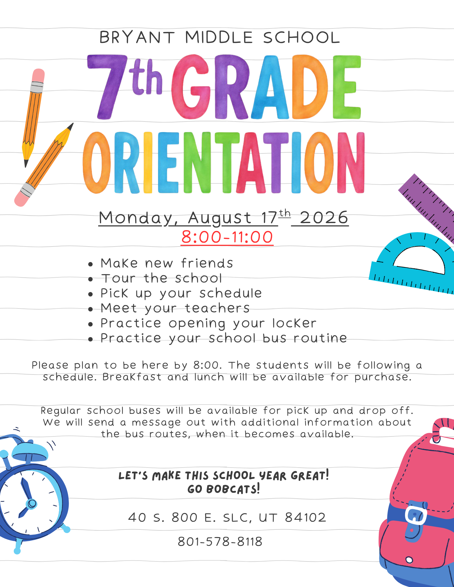 Bryant Middle School 7th Grade Orientation flyer with date and time.