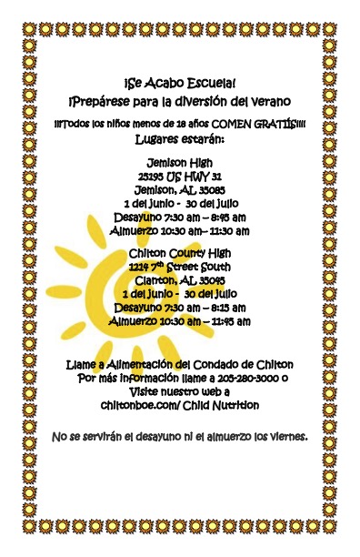 Poster announces free summer meals for children under 18 at Jemison High and Chilton County High.