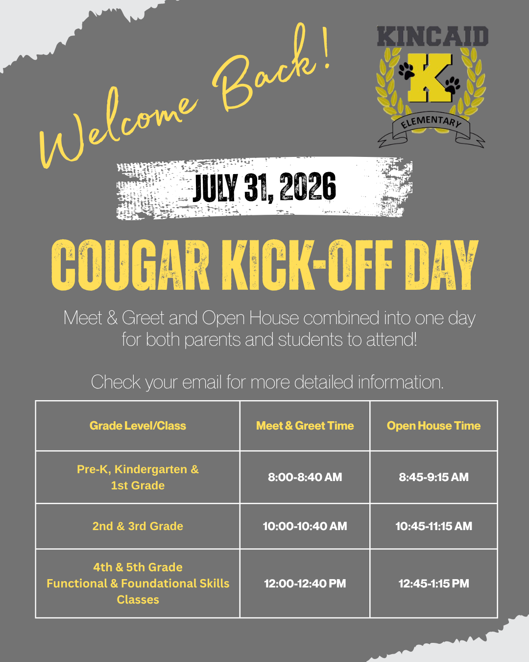 Kincaid Elementary School announces "Cougar Kick-Off Day" on July 31, 2026, combining Meet & Greet and Open House.