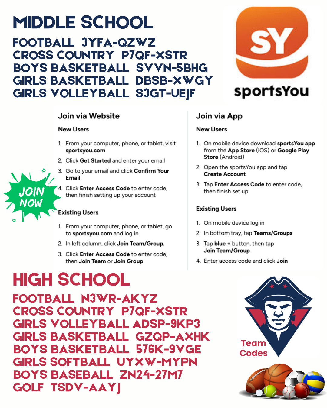 Patriots Athletic Team Codes for sportsYou app - communication platform - JOIN NOW!