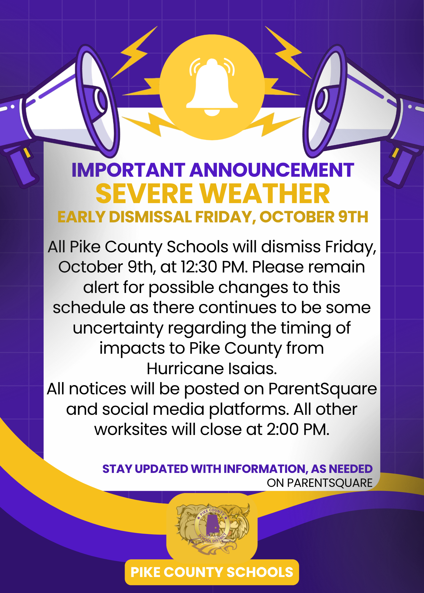 Severe Weather Update - Early Dismissal Friday, October 9th
