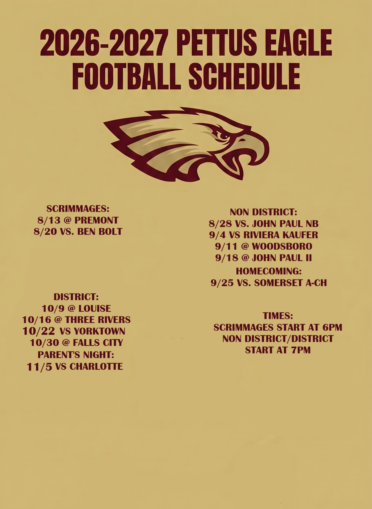 2026-2027 Pettus Eagle Football Schedule