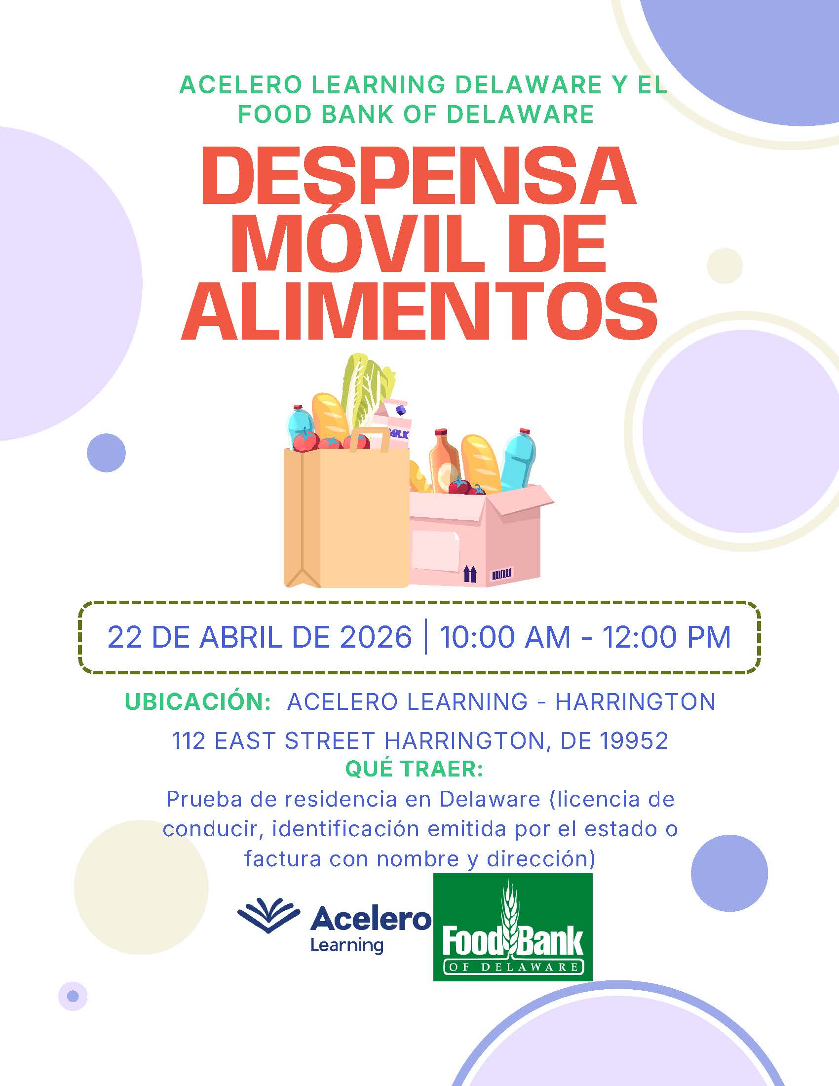 Poster announcing a mobile food pantry event by Acelero Learning and Food Bank of Delaware.