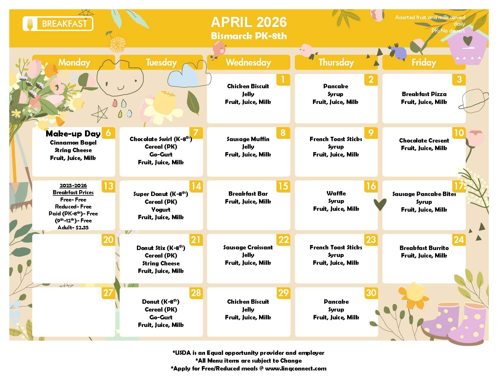 April 2026 breakfast menu for Bismarck PK-8th, listing daily meal options.
