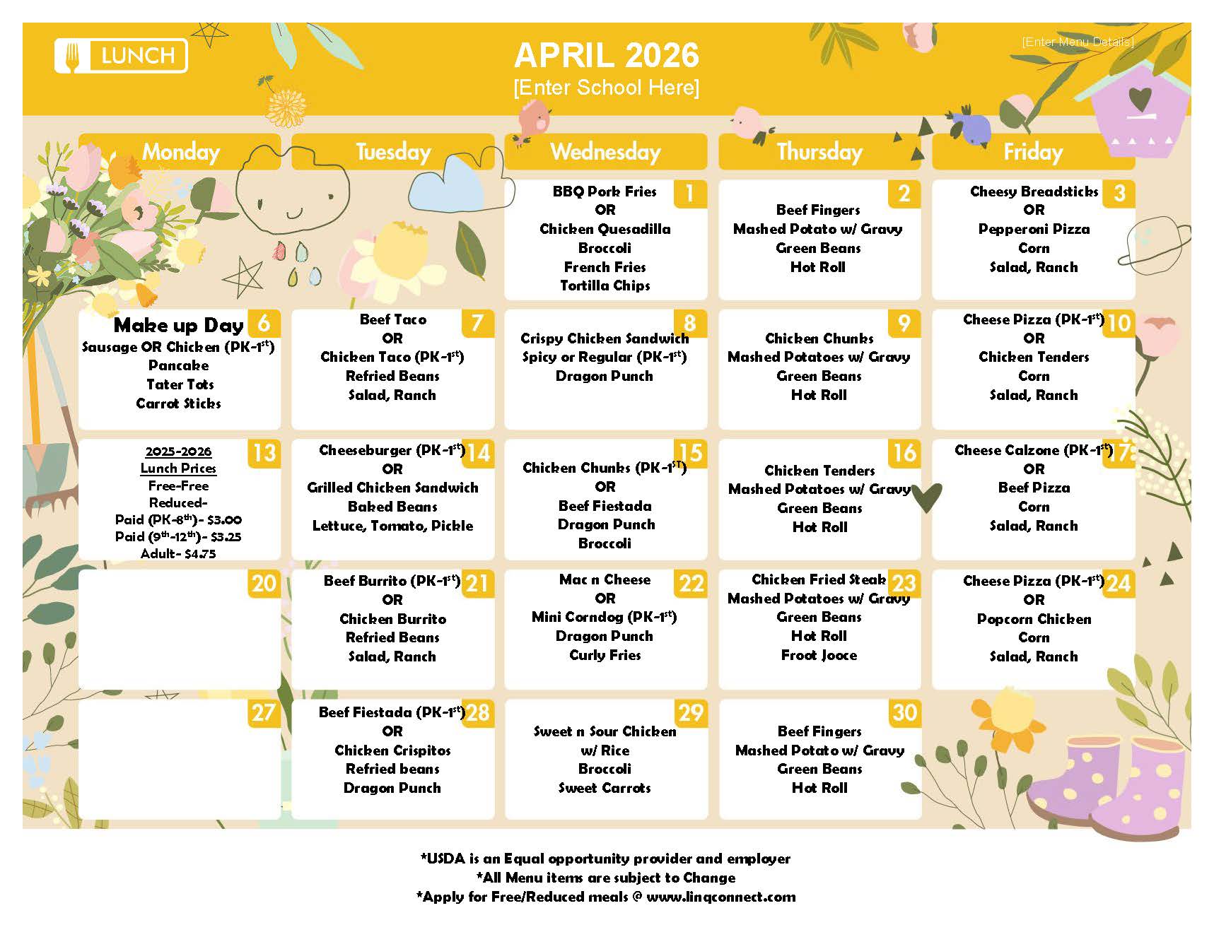April 2026 school lunch menu with daily meal options for each day of the week.