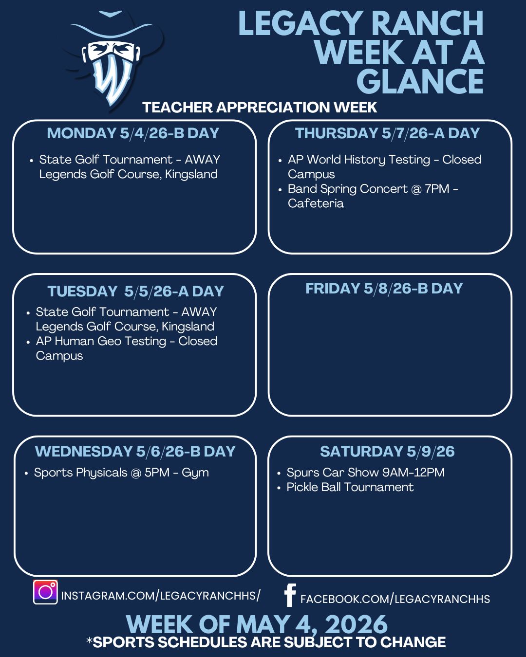 Legacy Ranch Week at a Glance - Week of May 4, 2026