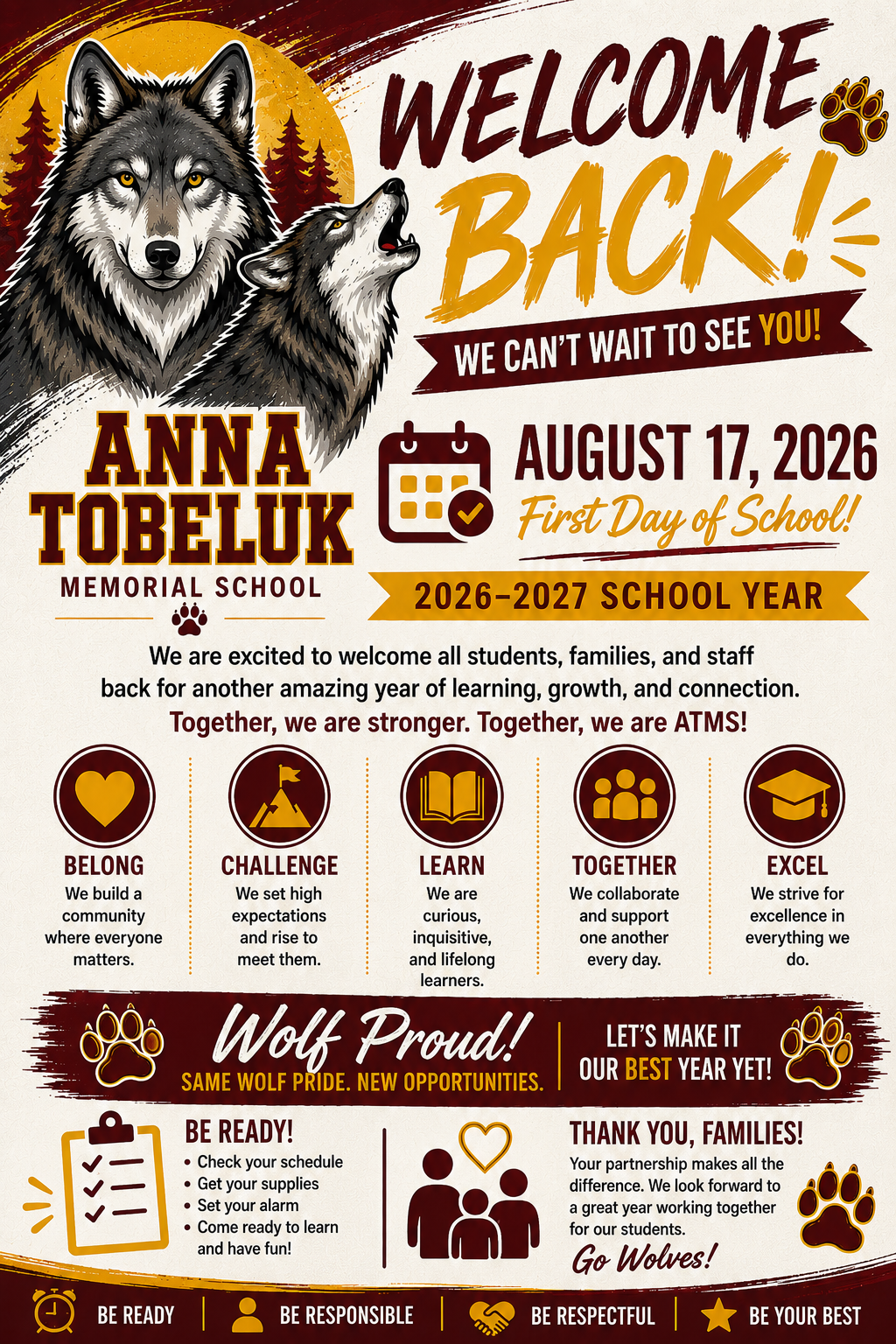 🐺 First Day of School — Monday, August 17, 2026! 🎉