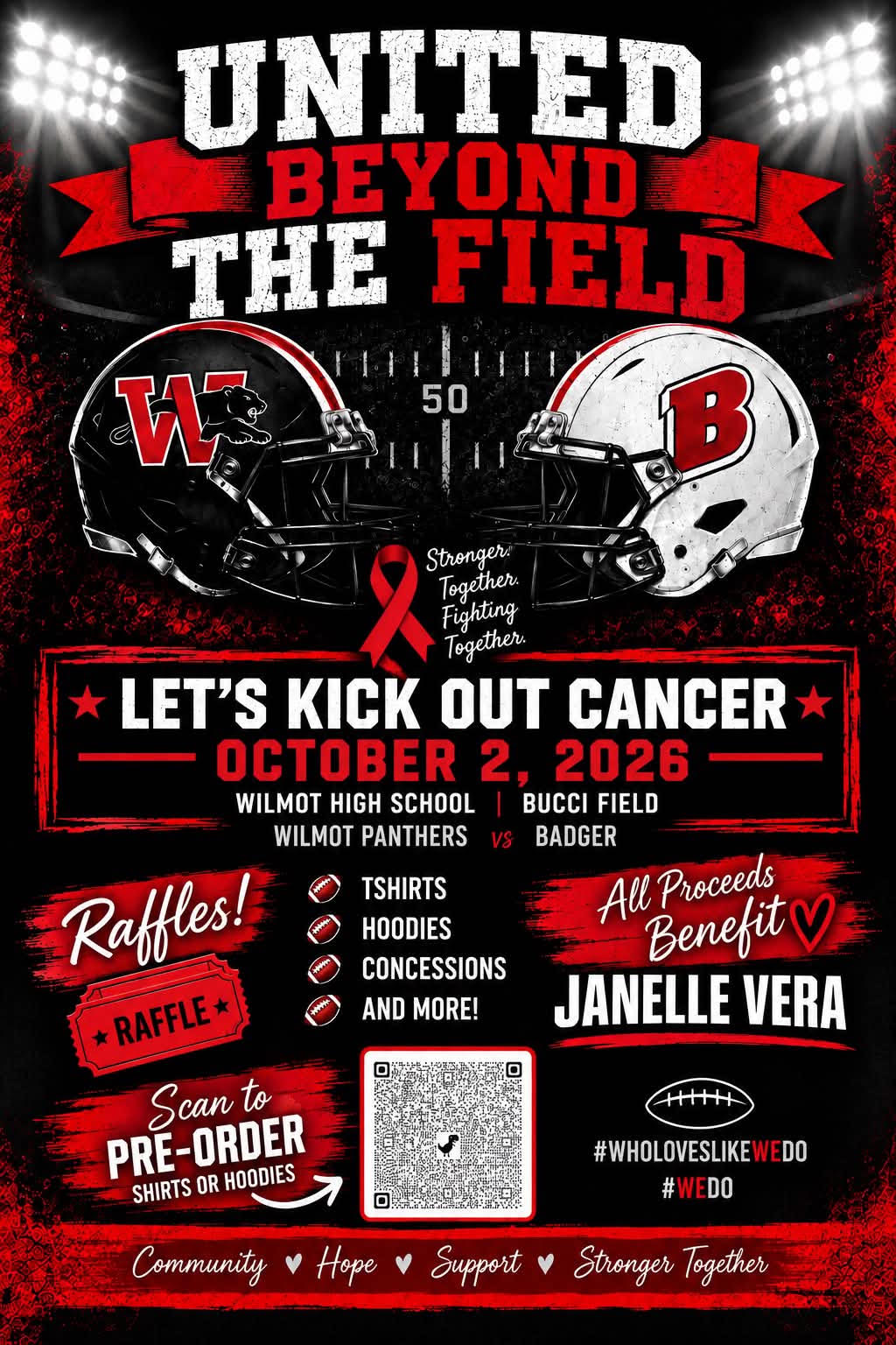 A promotional poster for a charity football game on October 2, 2026, featuring two helmets and the text 'United Beyond the Field'.