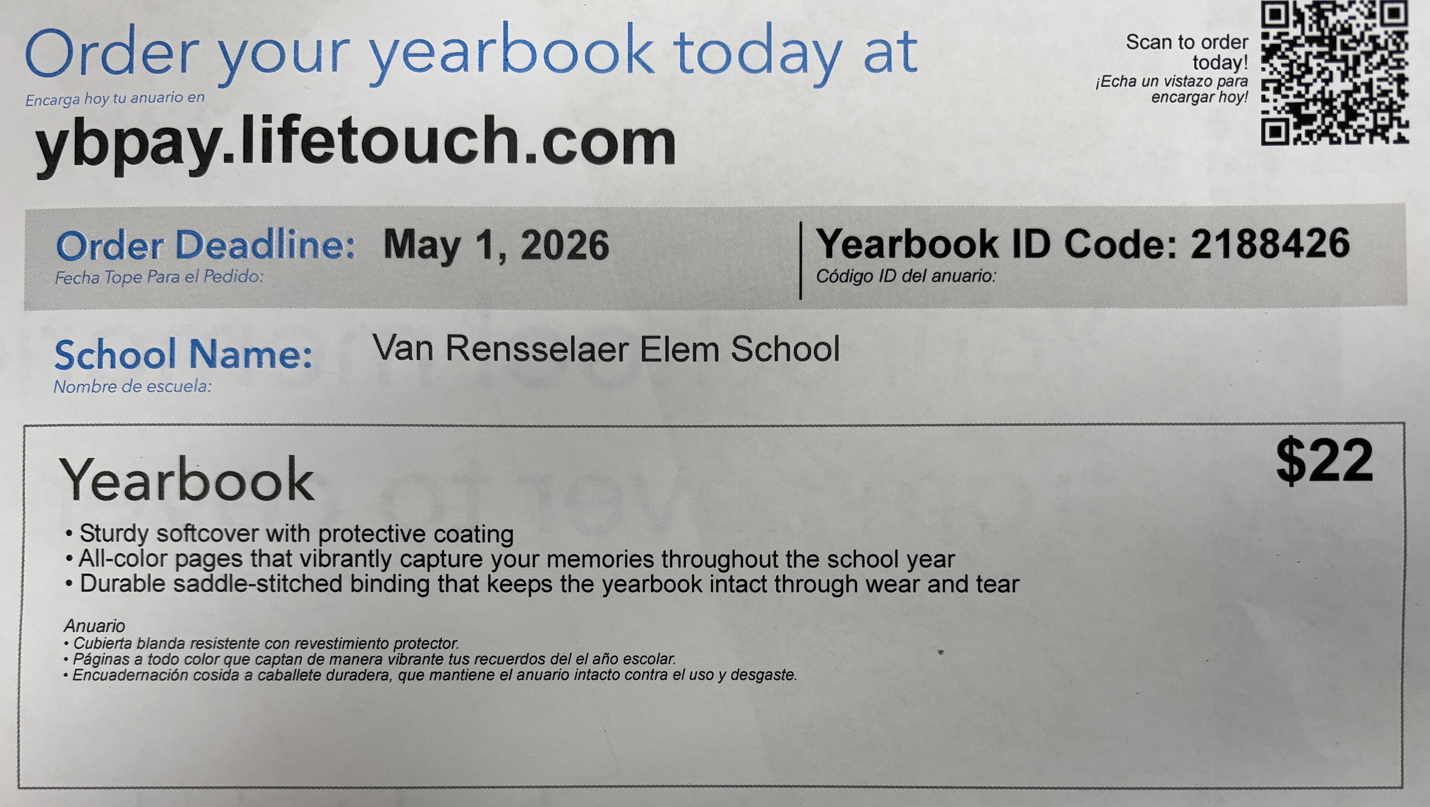 Order information for Van Rensselaer Elem School yearbooks, with a deadline of May 1, 2026, and ID code 2188426.