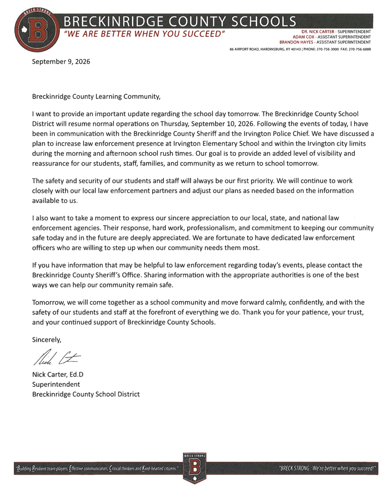 BCS - School in Session Thursday, September 10, 2026