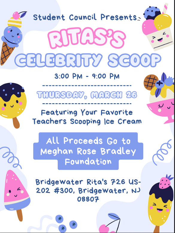 Poster for 'Rita's Celebrity Scoop' event presented by Student Council, featuring teachers scooping ice cream.