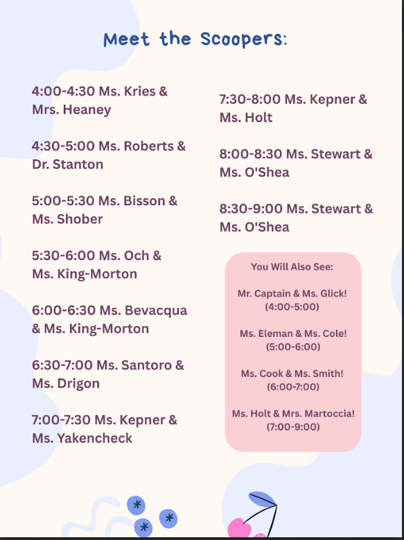 A schedule titled 'Meet the Scoopers' lists names and time slots for various individuals.