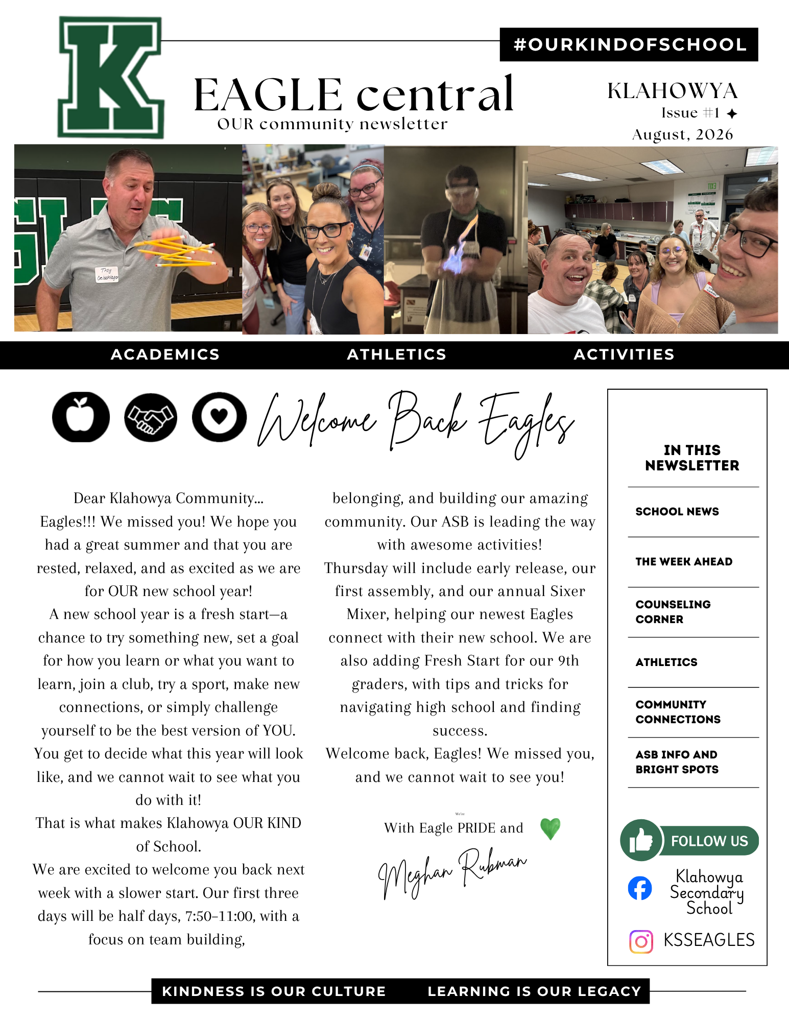 Welcome Back and 1st Week at a Glance