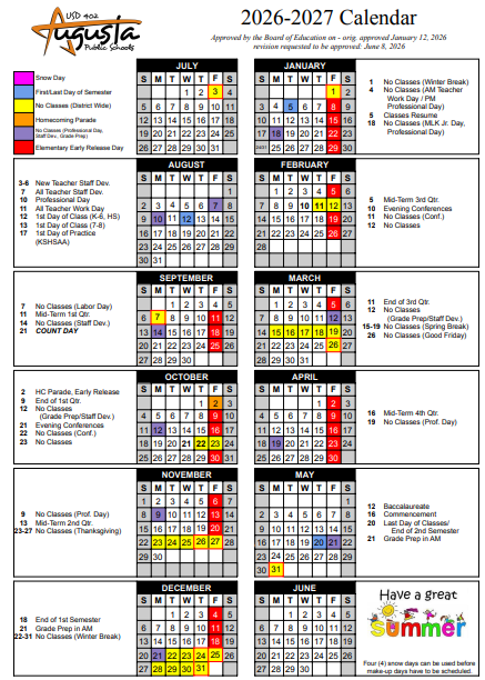 Updated Calendar for 2026-2027 School Year