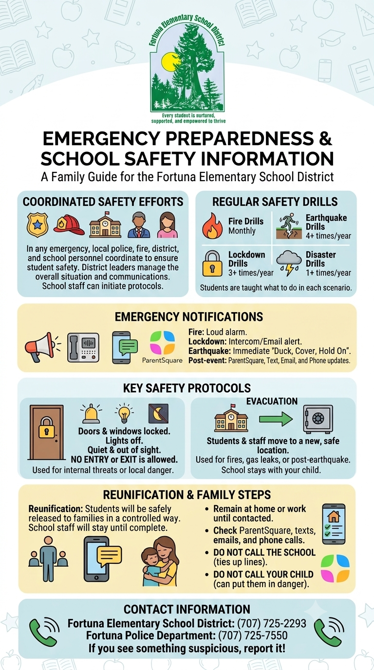 An informational poster titled 'Emergency Preparedness & School Safety Information' for Fortuna Elementary School District.