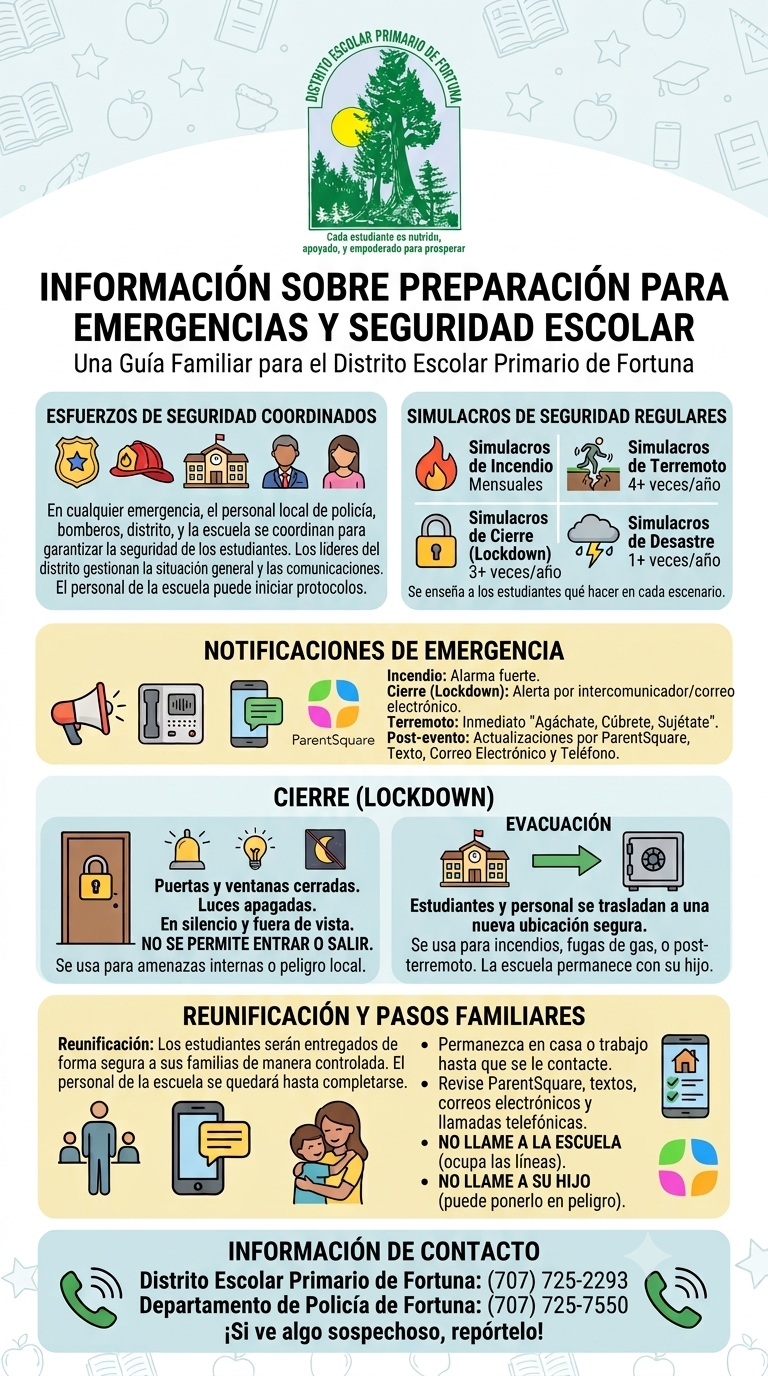 An informational flyer in Spanish detailing school emergency and safety preparation for the Fortuna Elementary School District.