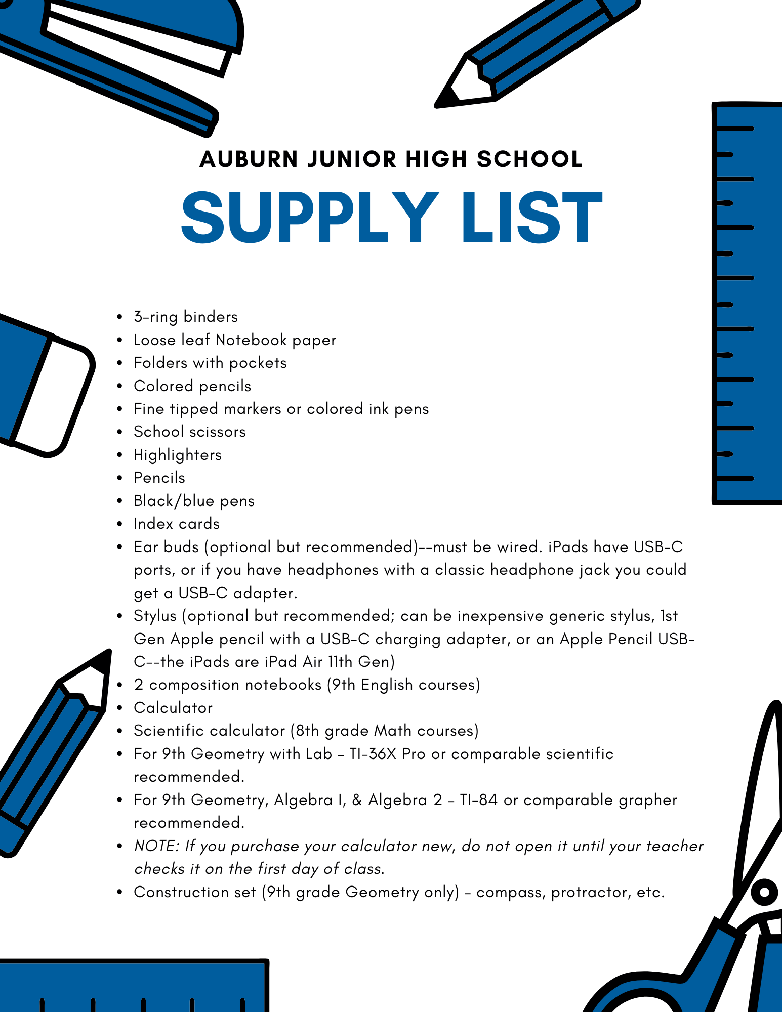 2026-2027 AJHS Supply List