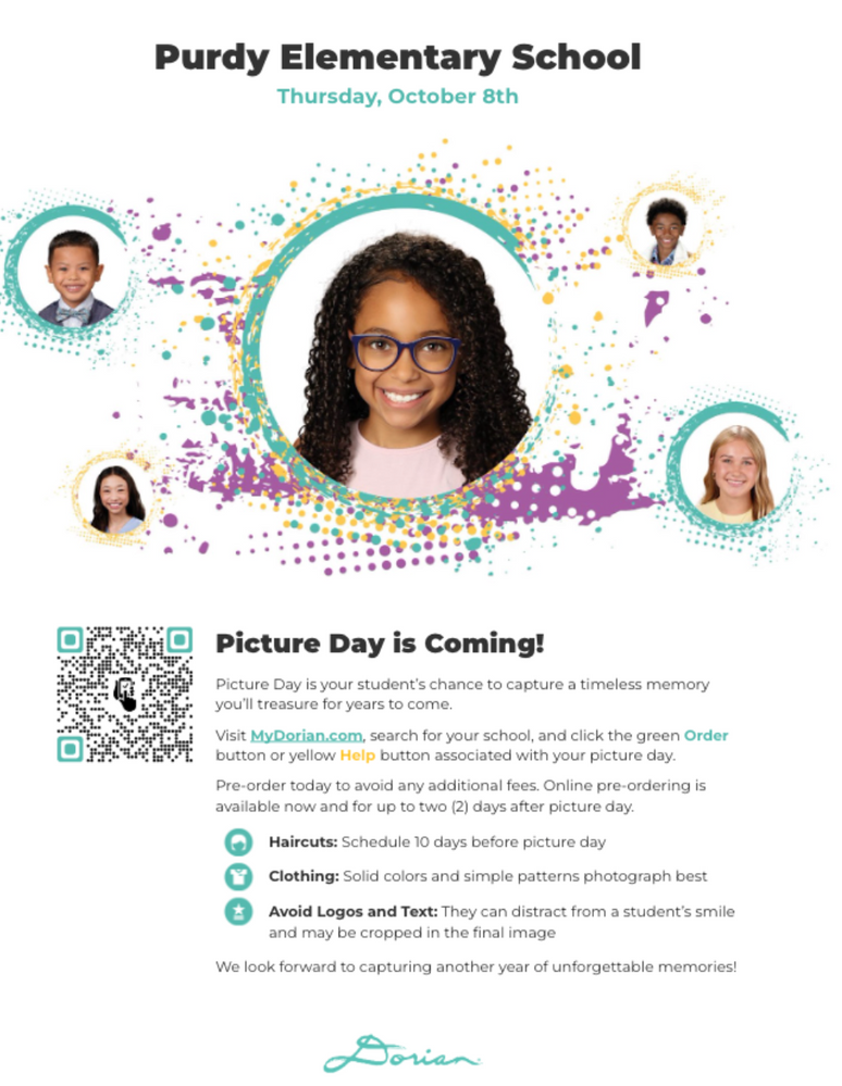 Purdy Elementary School picture day flyer featuring children's portraits, a QR code, and instructions for ordering on Thursday, October 8th.