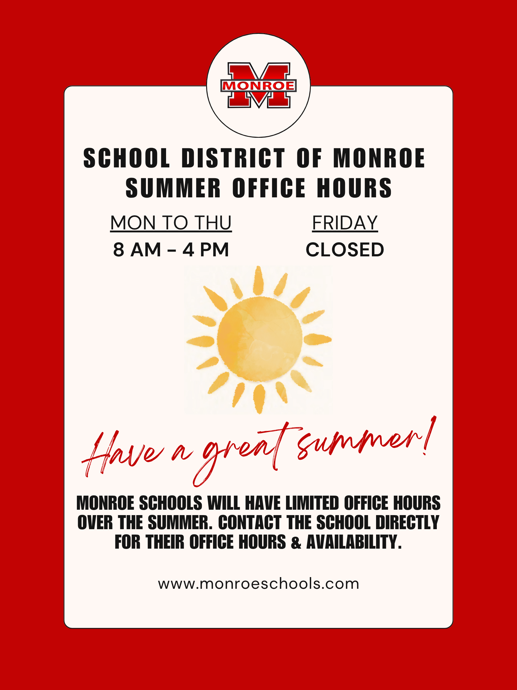 School District of Monroe Summer Office Hours