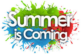The words "Summer is Coming" are displayed in white text over colorful paint splatters.