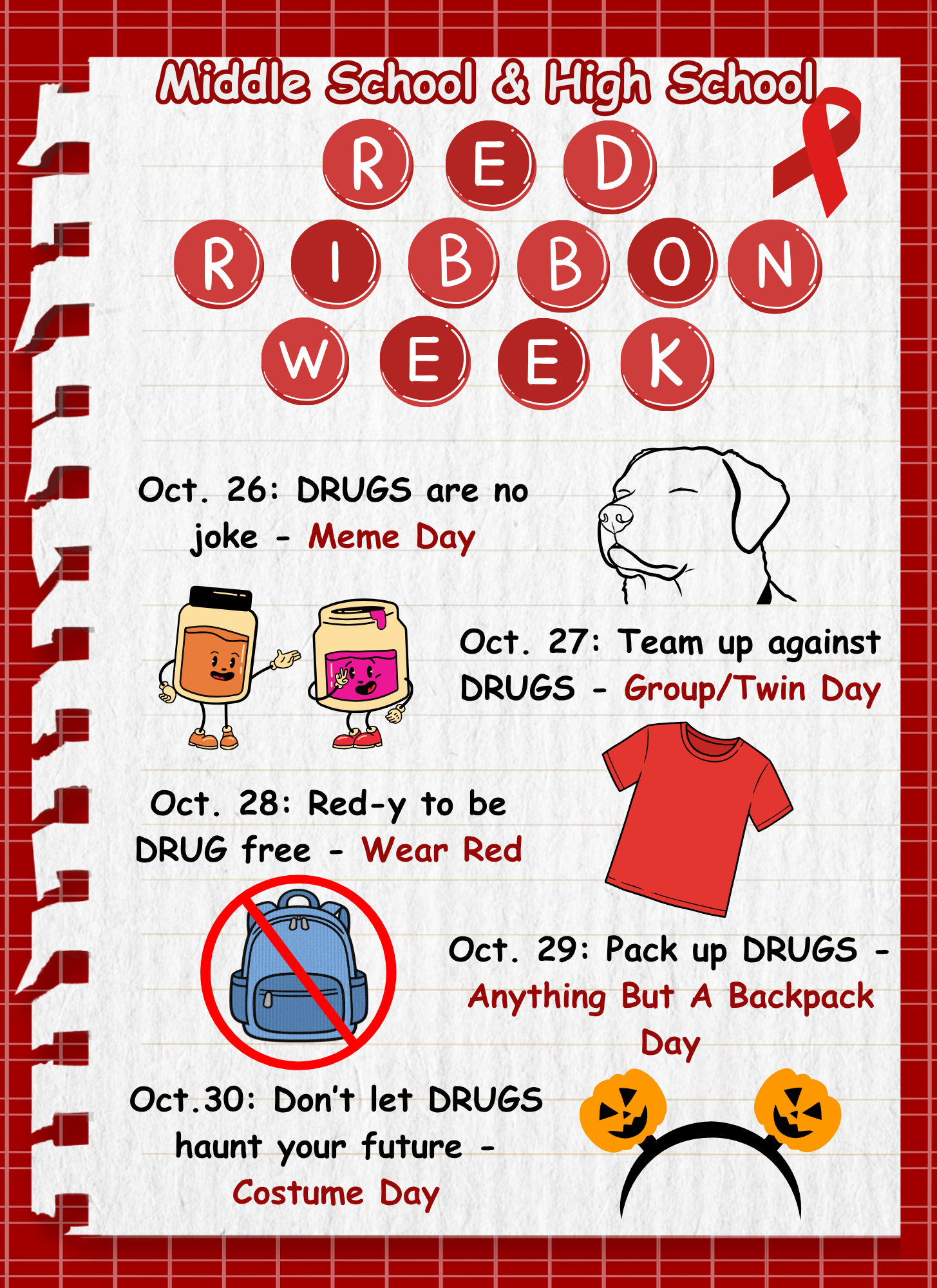 A school flyer on lined paper outlines Red Ribbon Week activities for Middle and High School.