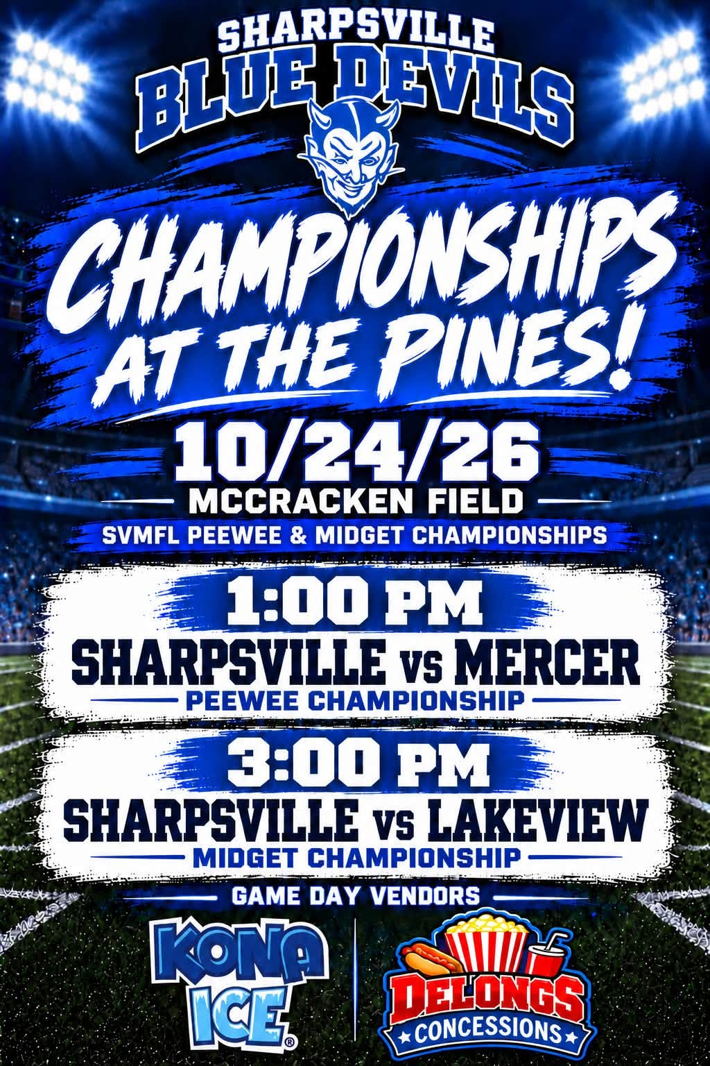 A sports event poster for Sharpsville Blue Devils Championships at The Pines on 10/24/26 at McCracken Field.