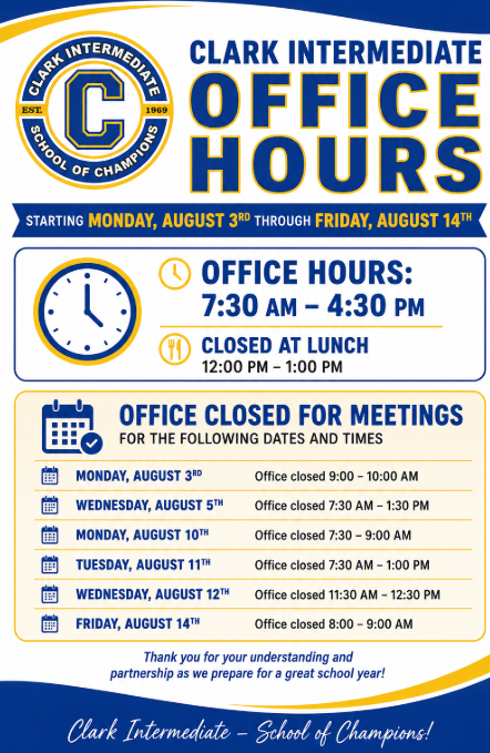 Clark Intermediate Office Hours – August 3–14