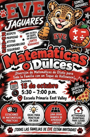 A promotional flyer for an Eve Jaguares school event titled 'Matemáticas o Dulces', featuring a smiling jaguar mascot and a red apple with math symbols.
