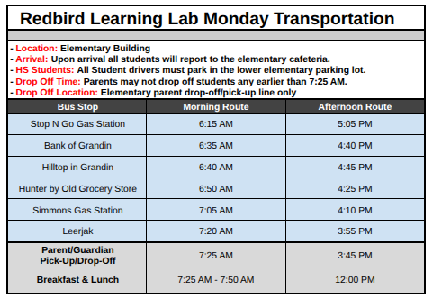 Redbird Learning Lab - Monday Transportation Pick-Up Times