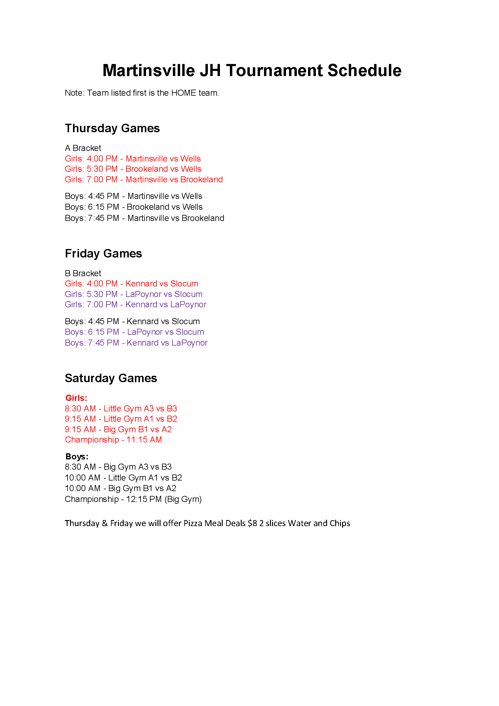 JH Martinsville Basketball Tournament Schedule